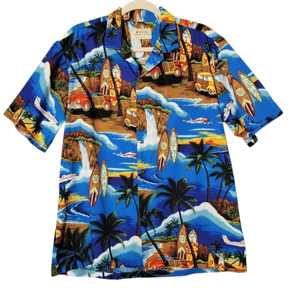 Royal Hawaiian Creations Mens Surfboard Palm Trees Cotton Button Up Shirt L - Picture 1 of 8